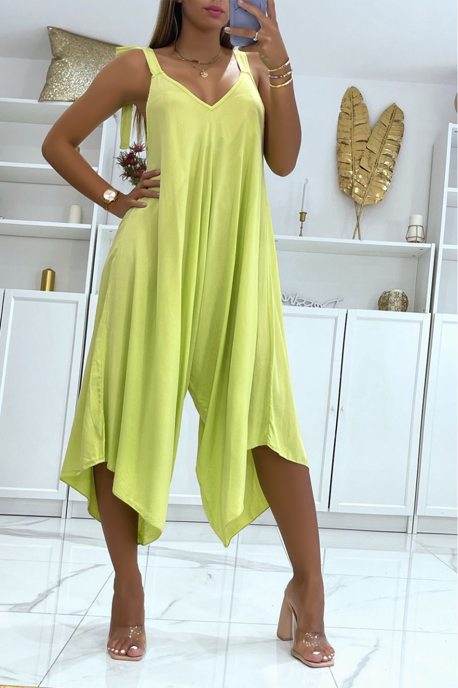 Fluid pistachio summer jumpsuit in asymmetrical sarouel style - 2
