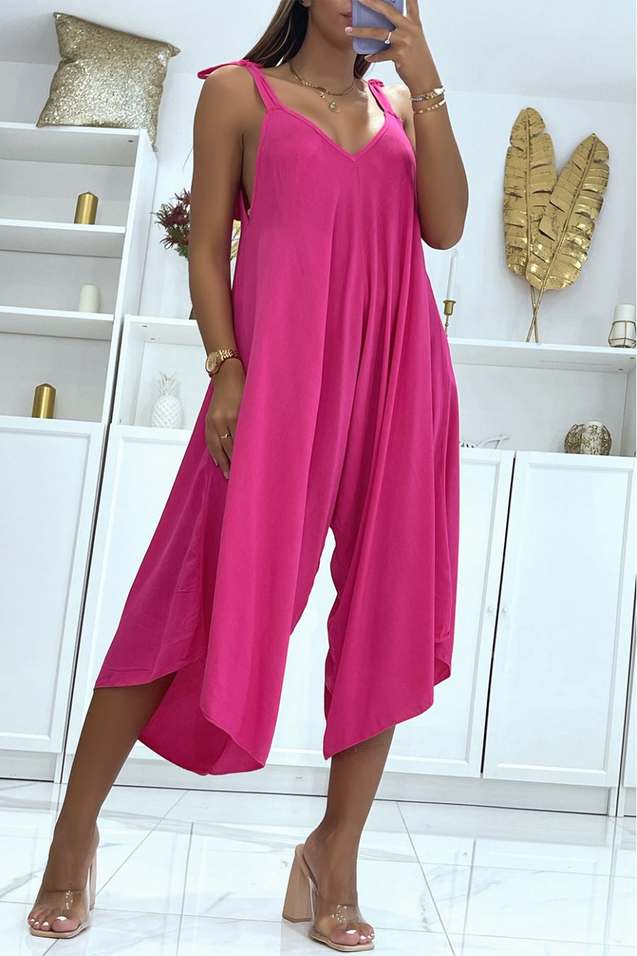 Combinaison d'été fluide fuchsia style sarouel asymétrique - 1