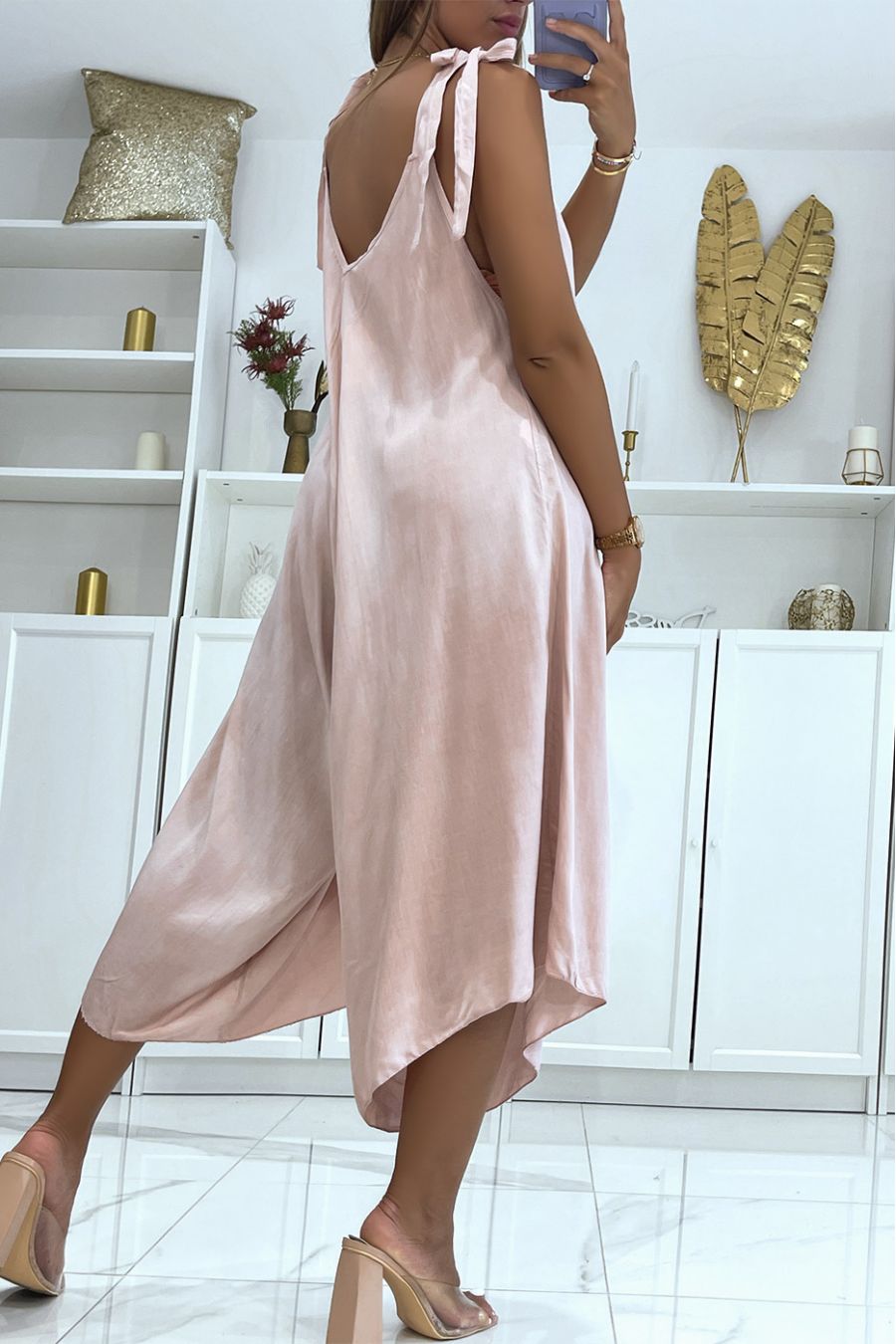 Soepelvallende roze asymmetrische zomerjumpsuit in haremstijl - 4
