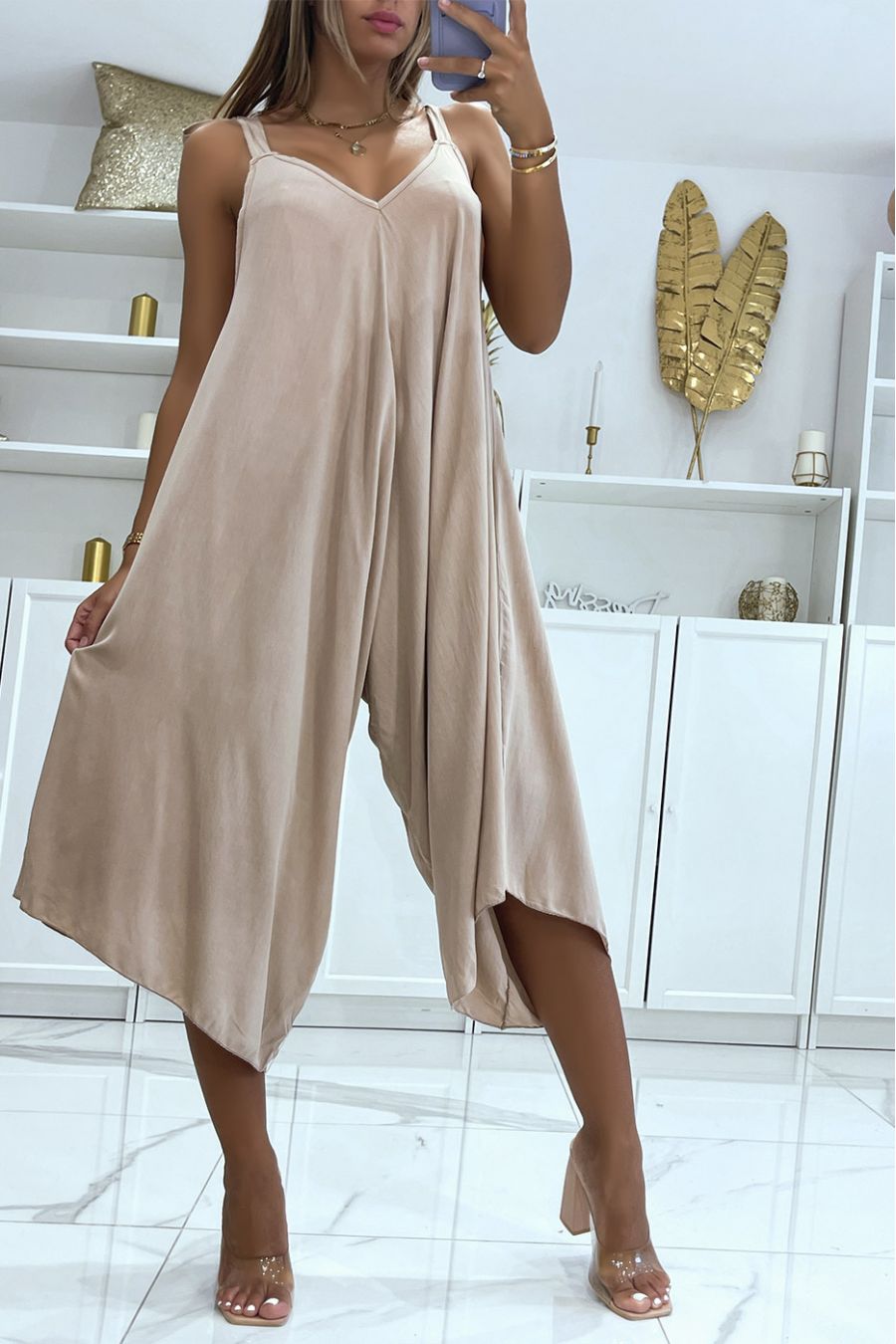 Combinaison d'été fluide beige style sarouel asymétrique - 3