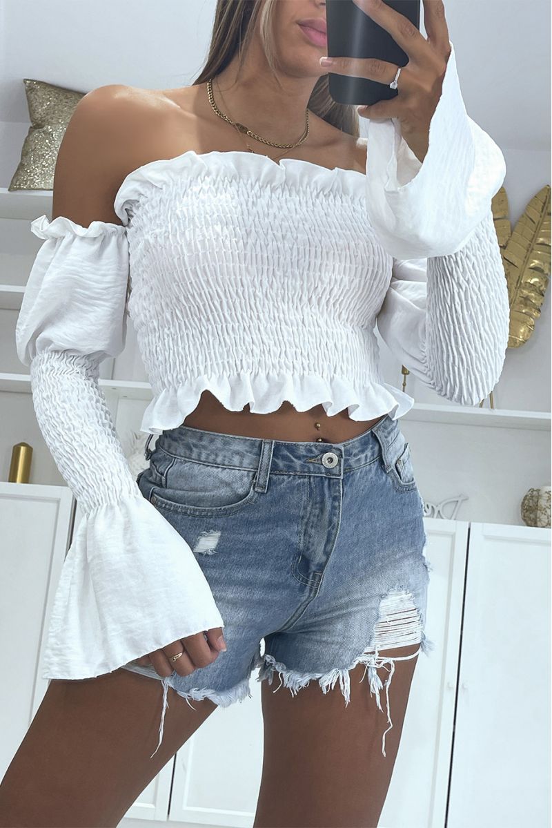 White ruched boat crop top with long sleeves - 3 White ruched boat crop top with long sleeves - 3
