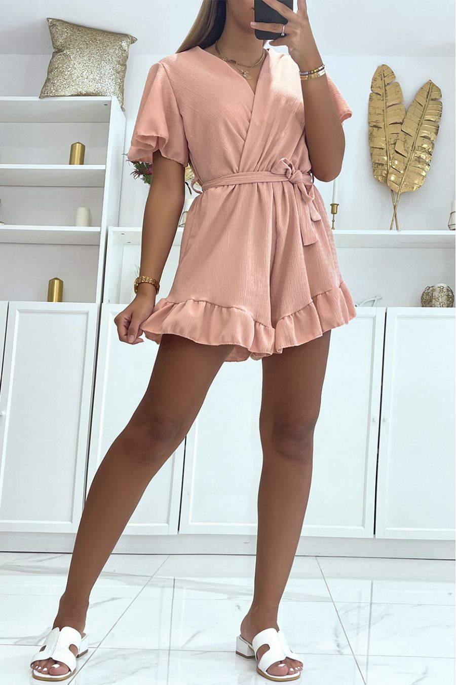 Fluid pink wrap-over playsuit with ruffle - 1