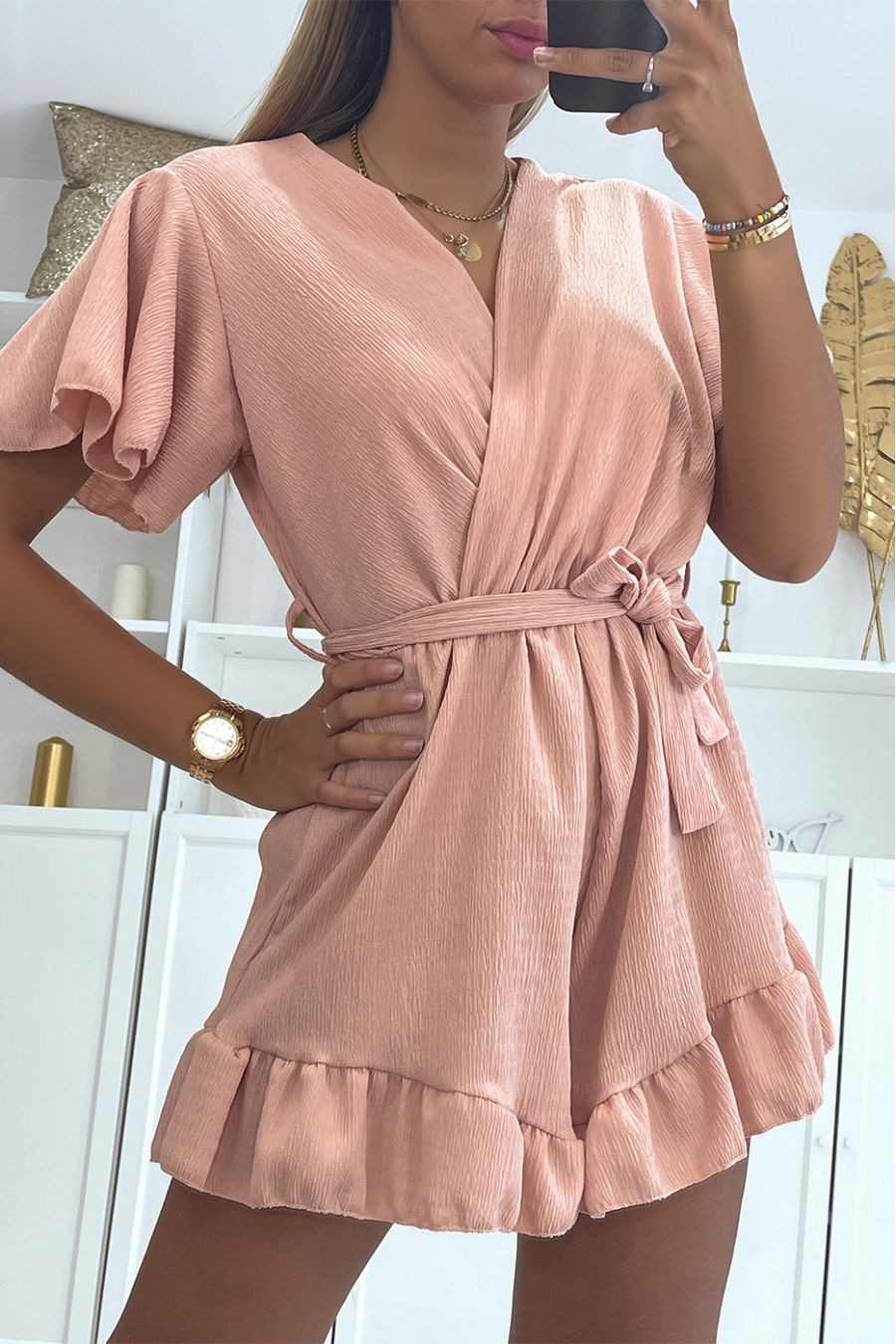 Vloeiende roze overslag playsuit met ruche - 3