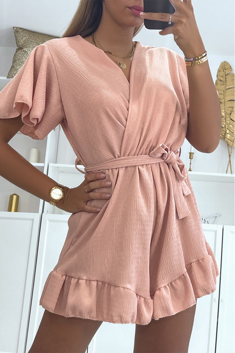 Fluid pink wrap-over playsuit with ruffle - 3