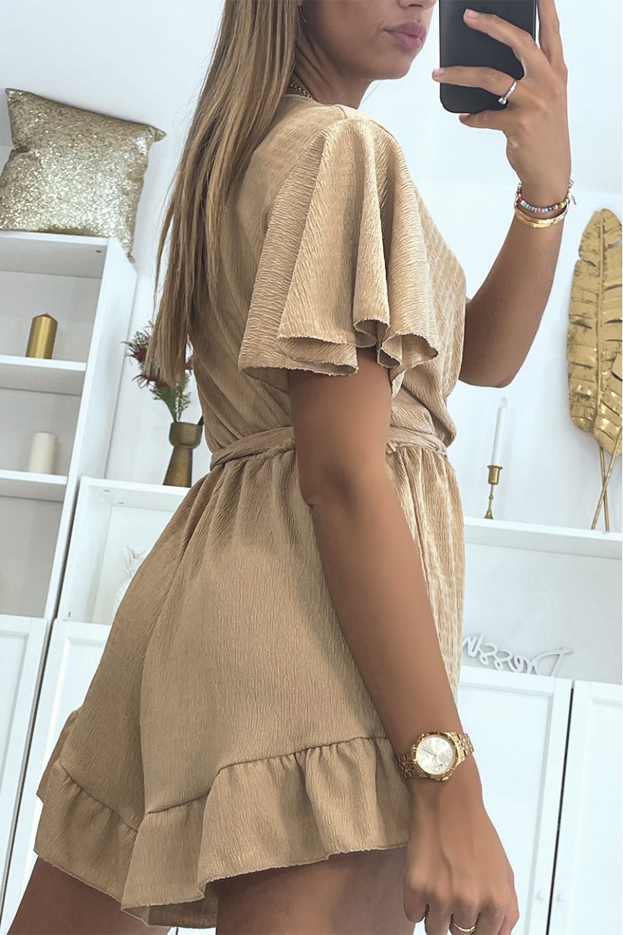 Flowing beige wrap-over playsuit with ruffle - 4