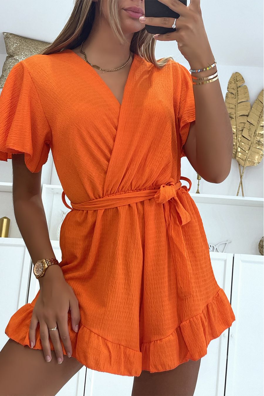 Vloeiende oranje wikkel playsuit met ruche - 3