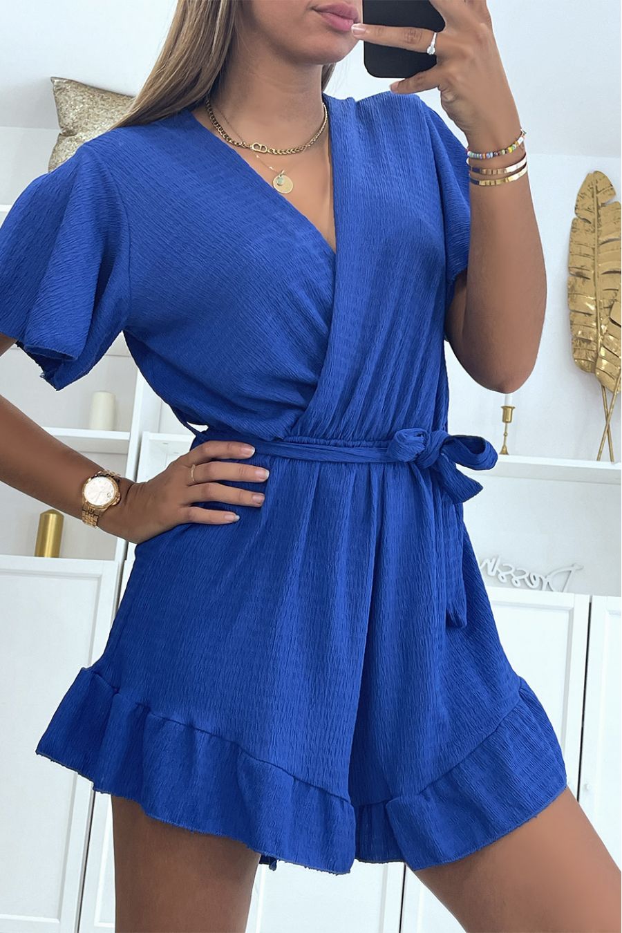 Vloeiende royal wikkel playsuit met ruche - 3