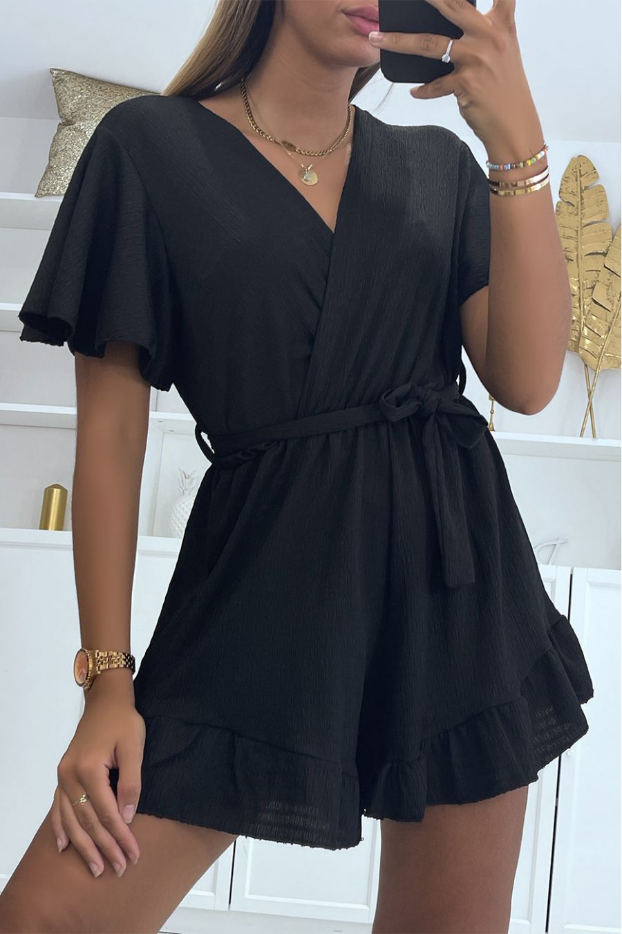 Flowing black wrap-over playsuit with ruffle - 3