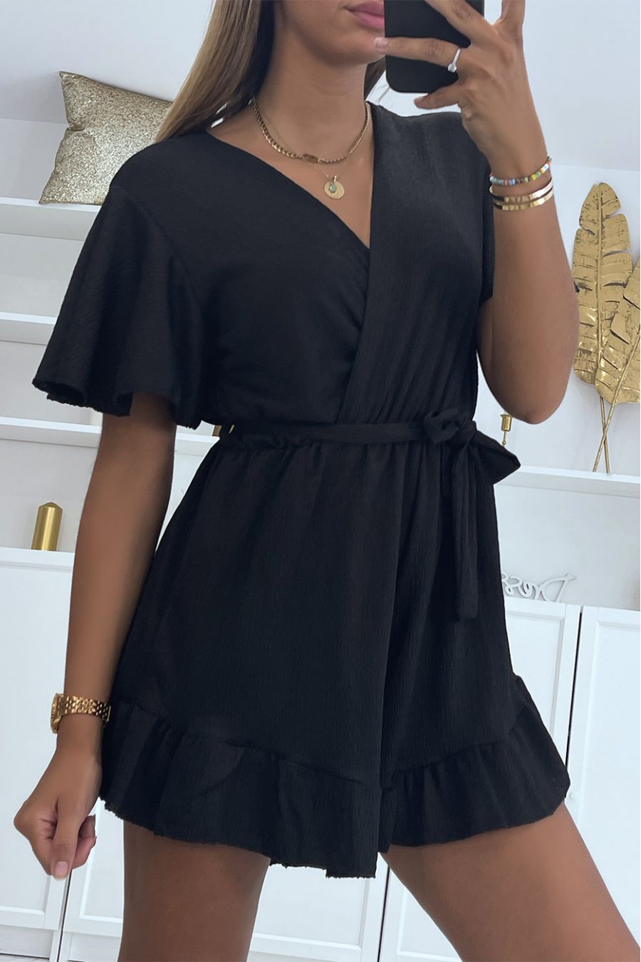 Soepelvallende zwarte overslag playsuit met ruche - 4