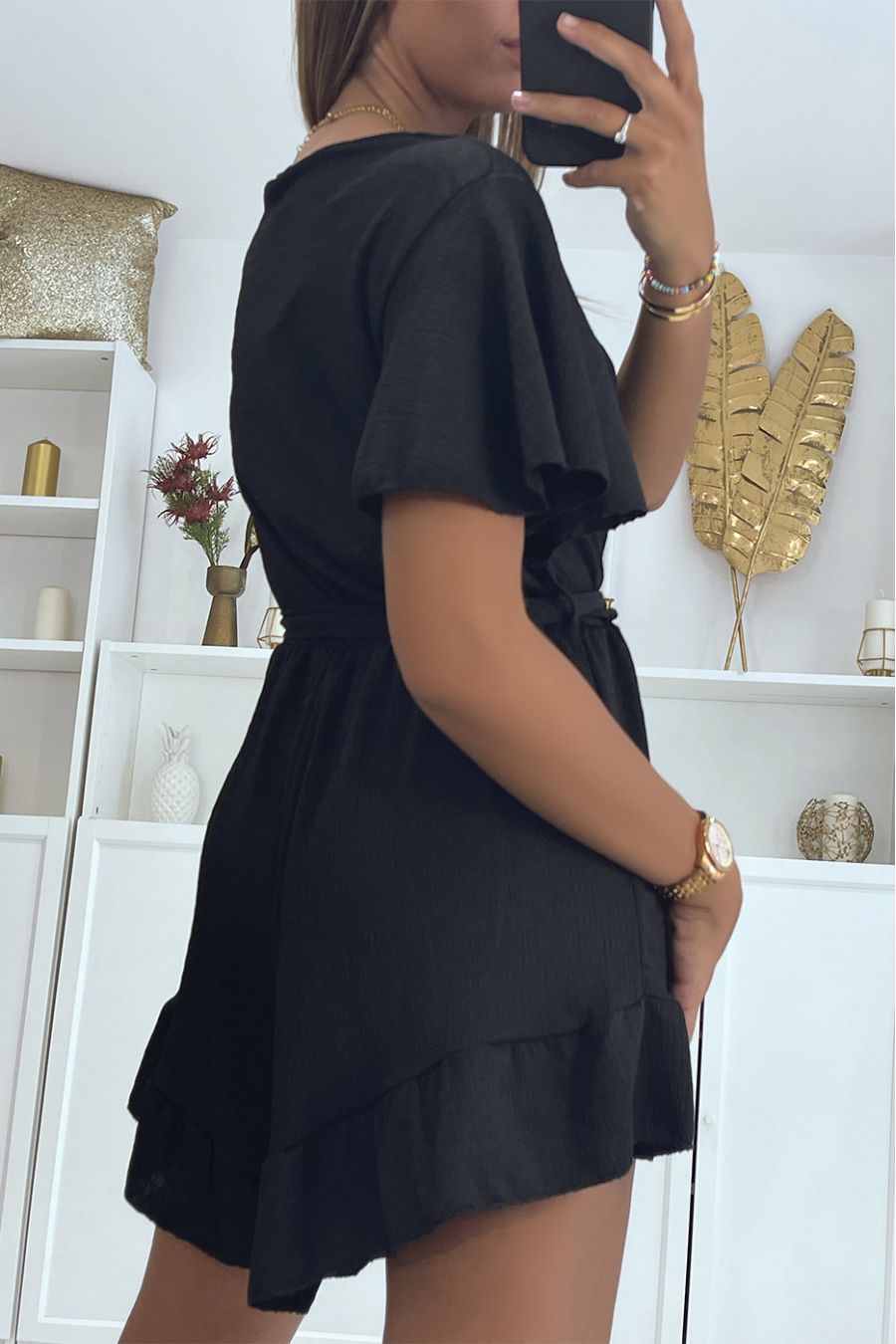 Flowing black wrap-over playsuit with ruffle - 5