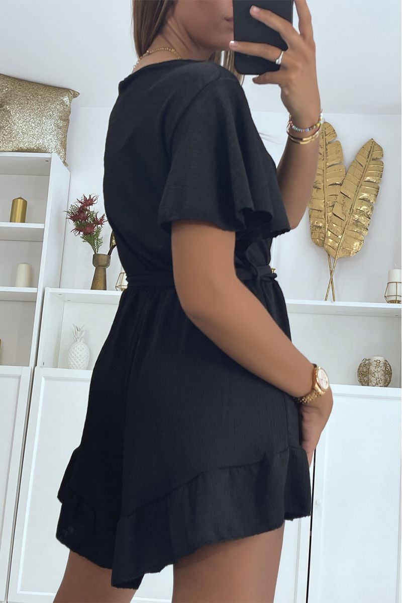 Flowing black wrap-over playsuit with ruffle - 5