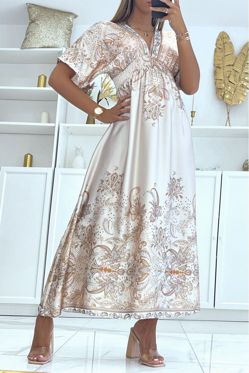Long beige satin dress with bohemian pattern and V-neck - 1