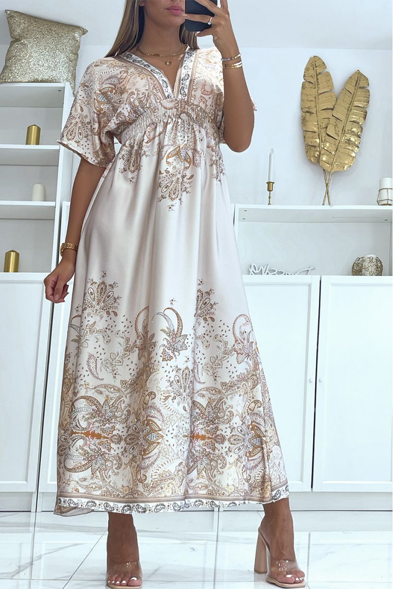 Long beige satin dress with bohemian pattern and V-neck - 2