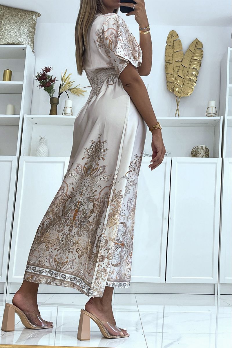 Long beige satin dress with bohemian pattern and V-neck - 4
