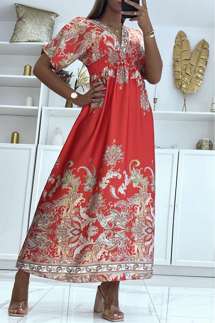 Long red satin dress with bohemian pattern and V-neck - 1