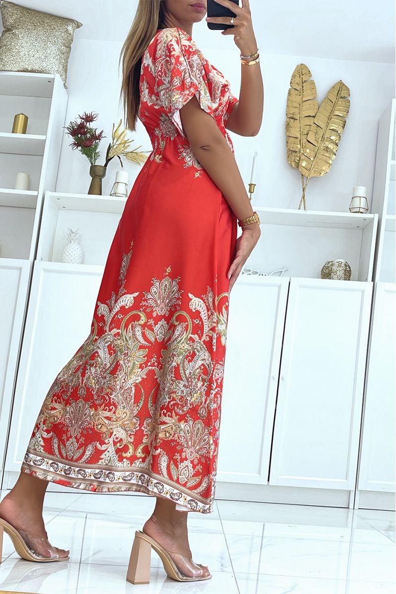 Long red satin dress with bohemian pattern and V-neck - 3