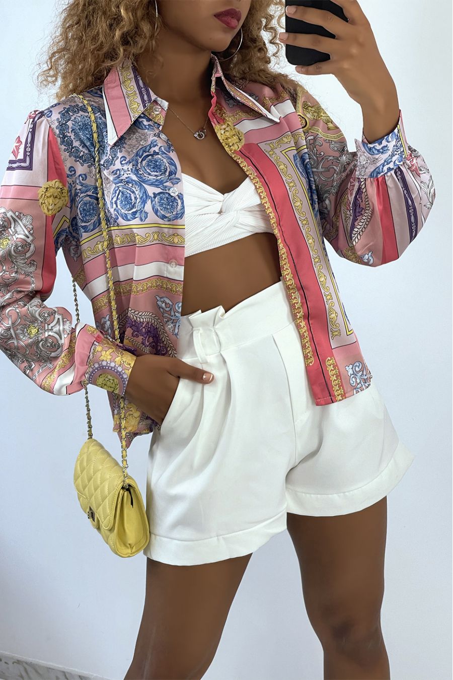 Chemise satinée rose et bleu à motif baroque multicolor  - 1