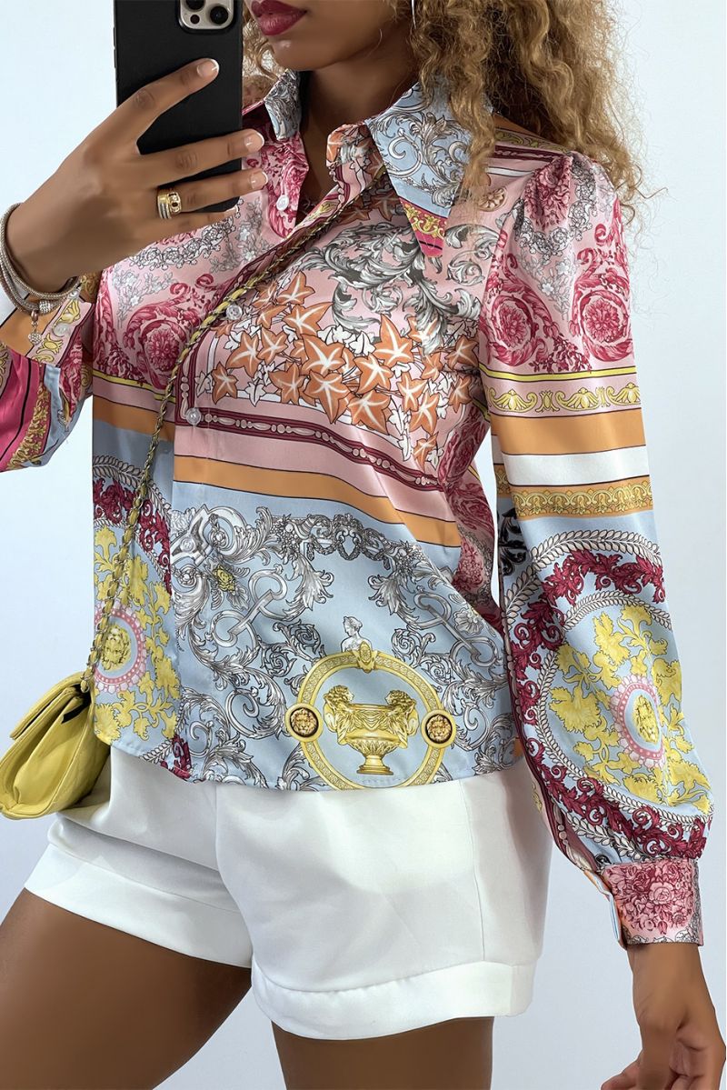 Pink and sky blue satin shirt with multicolored baroque pattern - 4