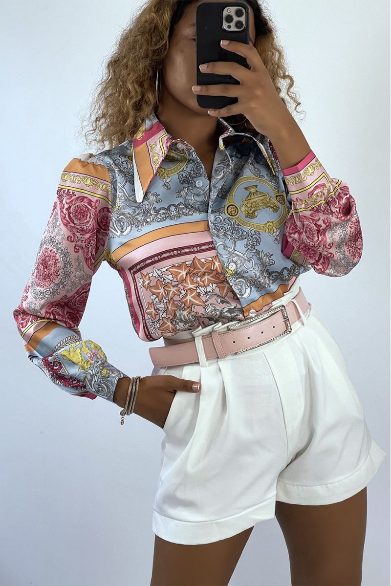 Sky blue satin shirt with multicolored baroque pattern - 1