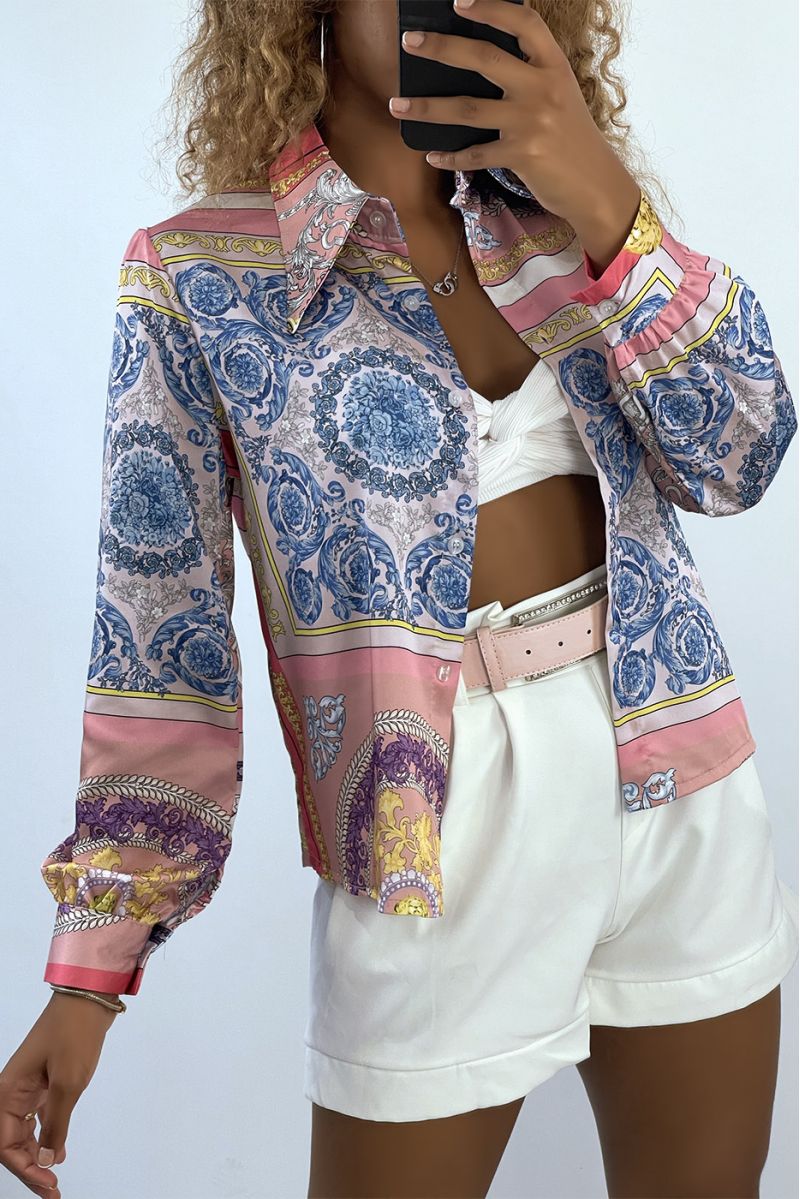 Pink and royal satin shirt with multicolored baroque pattern - 1
