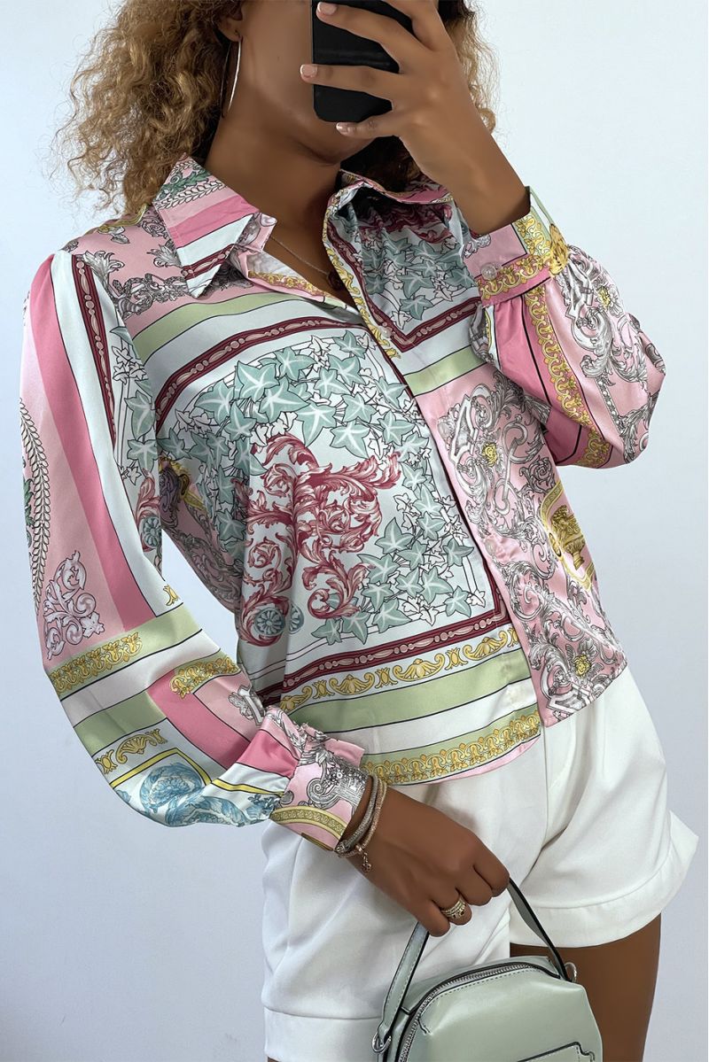 Water green and pink satin shirt with multicolored baroque pattern - 3