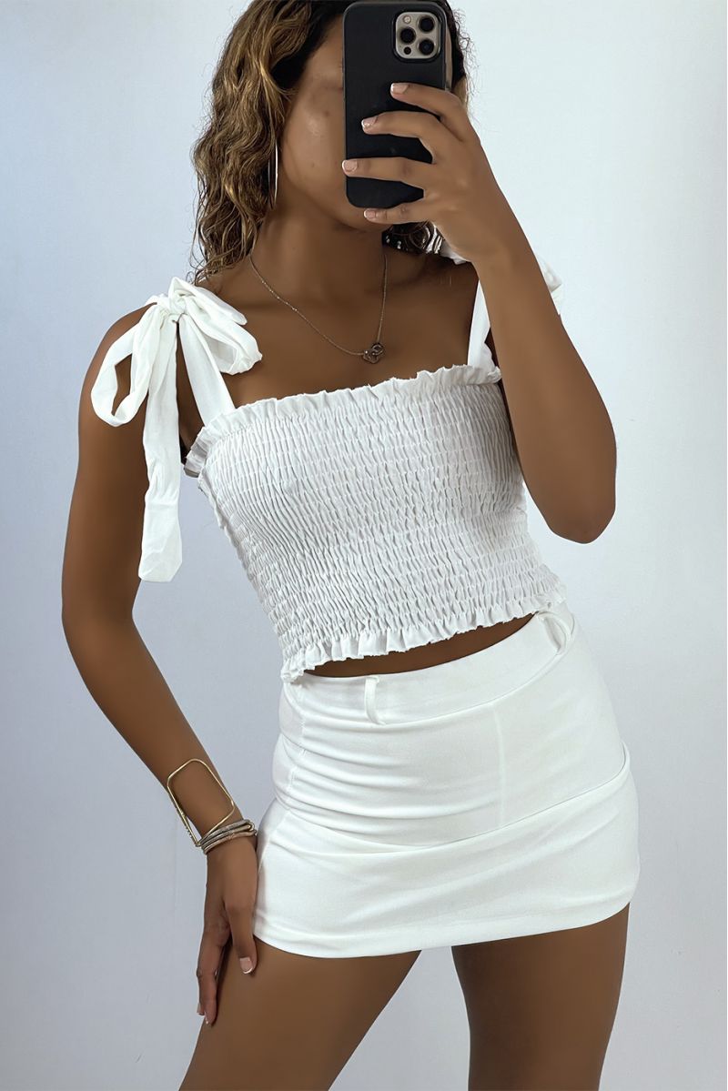 White ruched bustier crop top with tie strap - 1