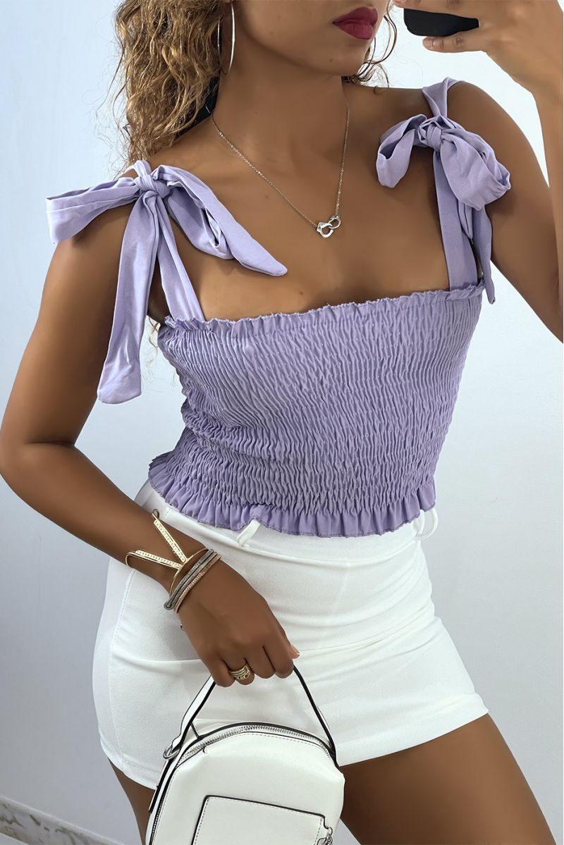 Purple ruched bustier crop top with tie strap - 2