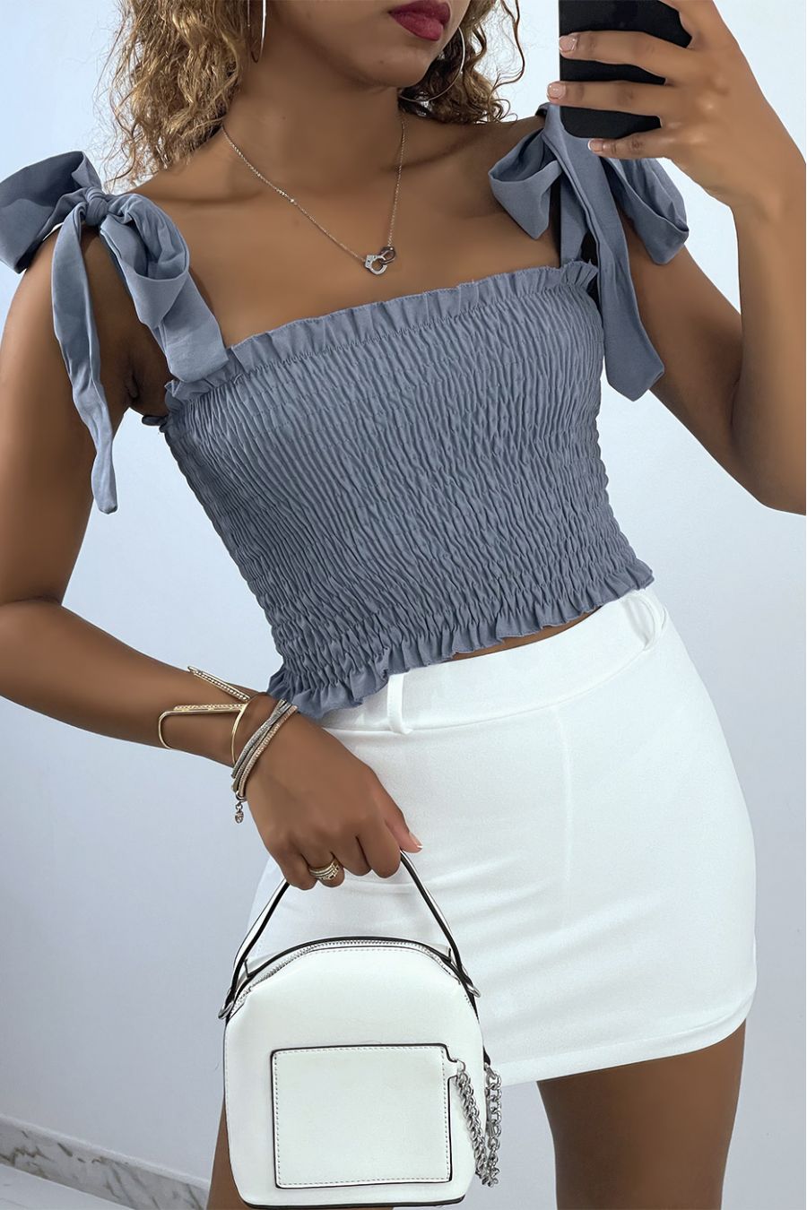 Crop top bustier froncé indigo avec bretelle à nouer 