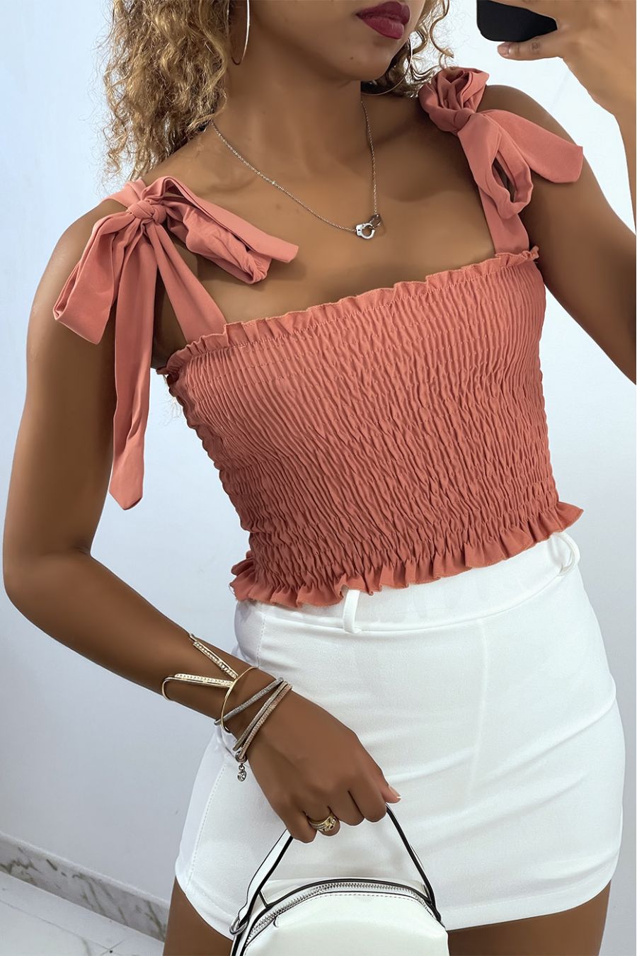 Donkerroze geplooide bustier crop top met strikband - 1