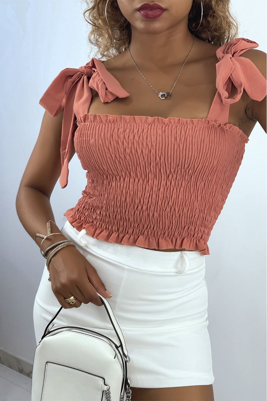Dark pink ruched bustier crop top with tie strap - 2