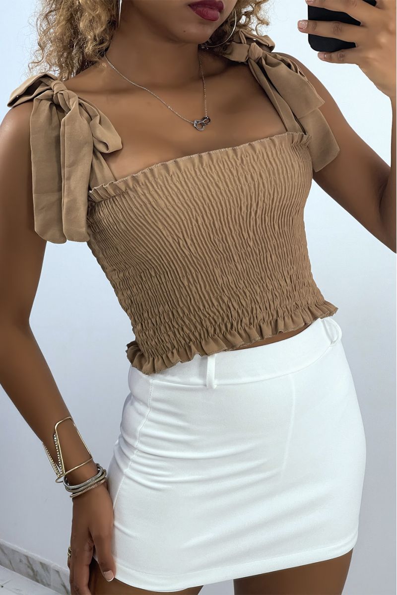Taupe Ruched Bustier Crop Top With Tie Strap - 2