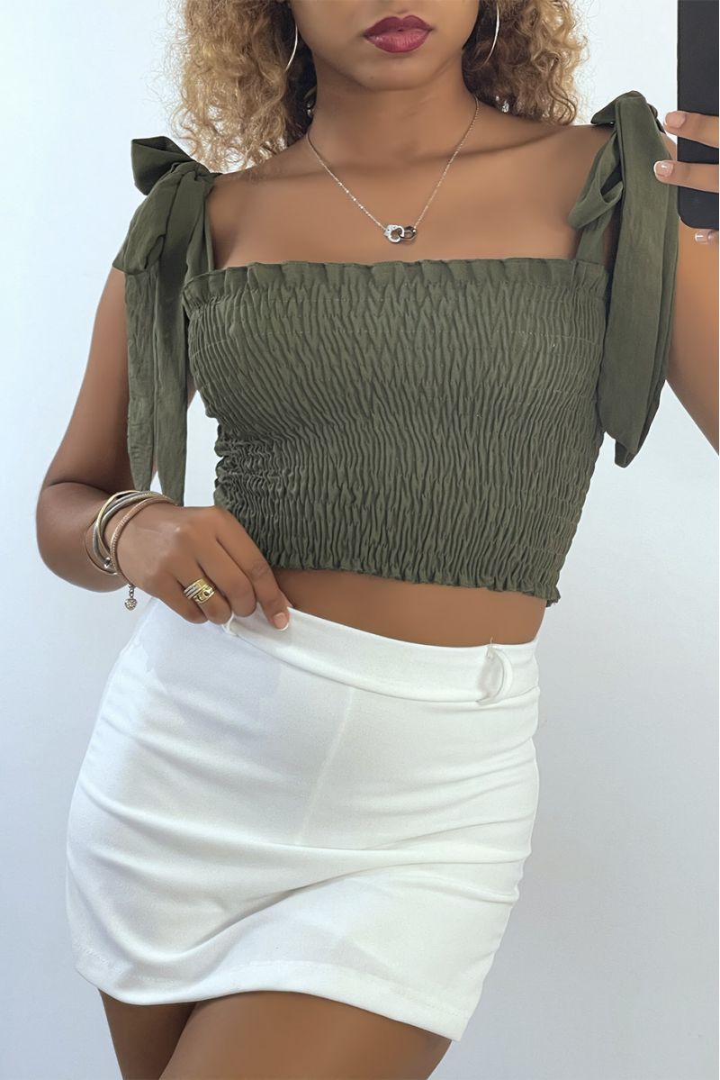 Khaki gathered bustier crop top with tie strap - 1