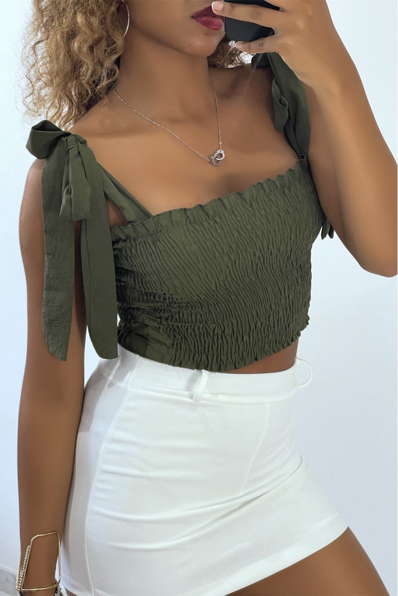 Khaki gathered bustier crop top with tie strap - 2
