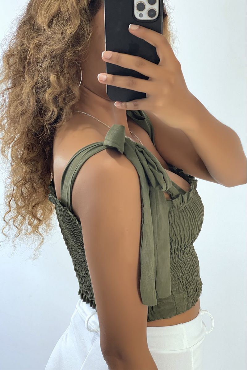 Khaki gathered bustier crop top with tie strap - 3