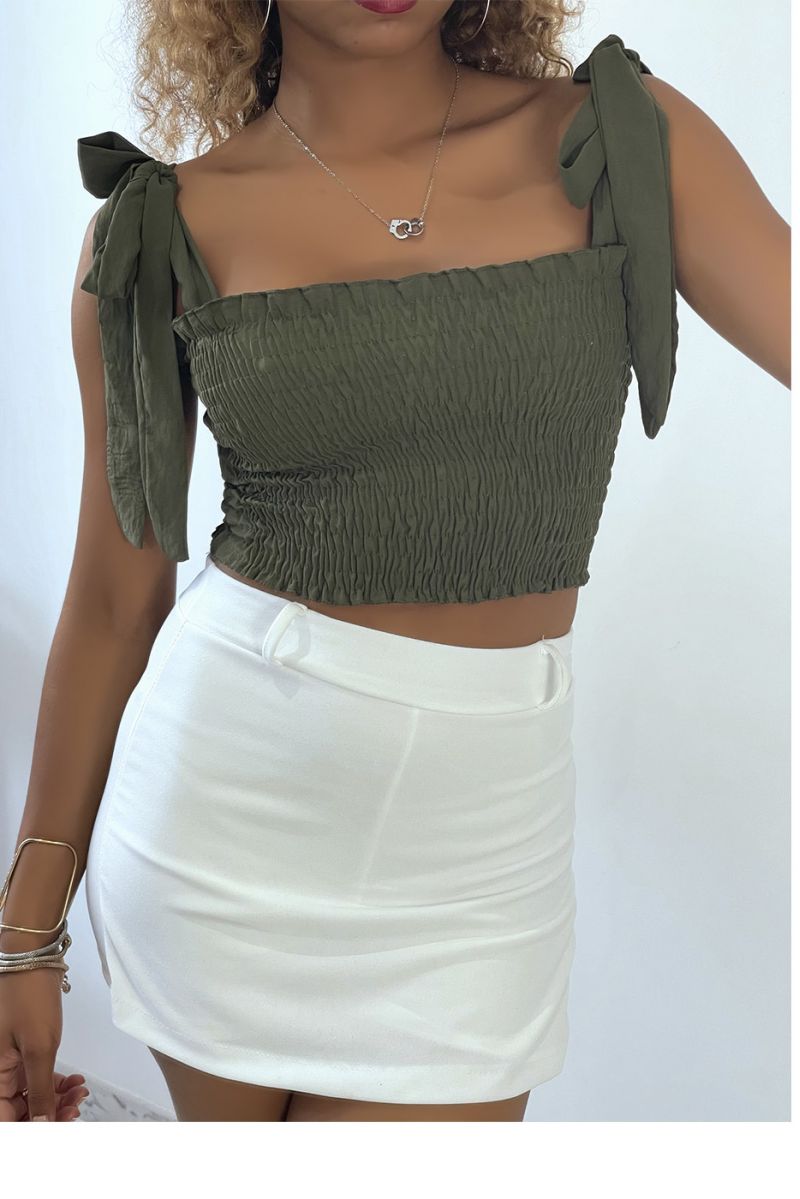 Khaki gathered bustier crop top with tie strap - 4