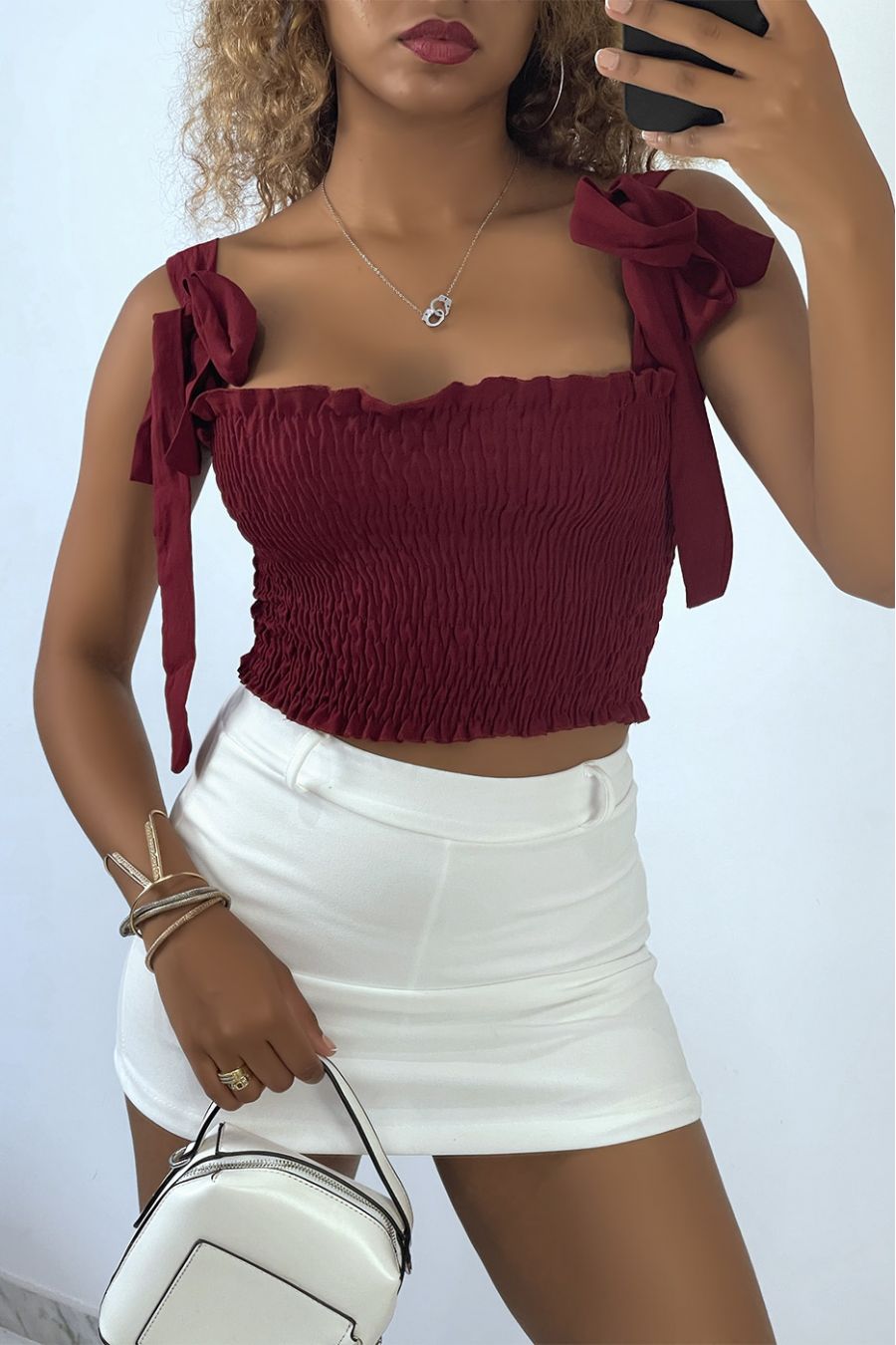 Crop Top Bustier Froncé Bordeaux Avec Bretelle à Nouer