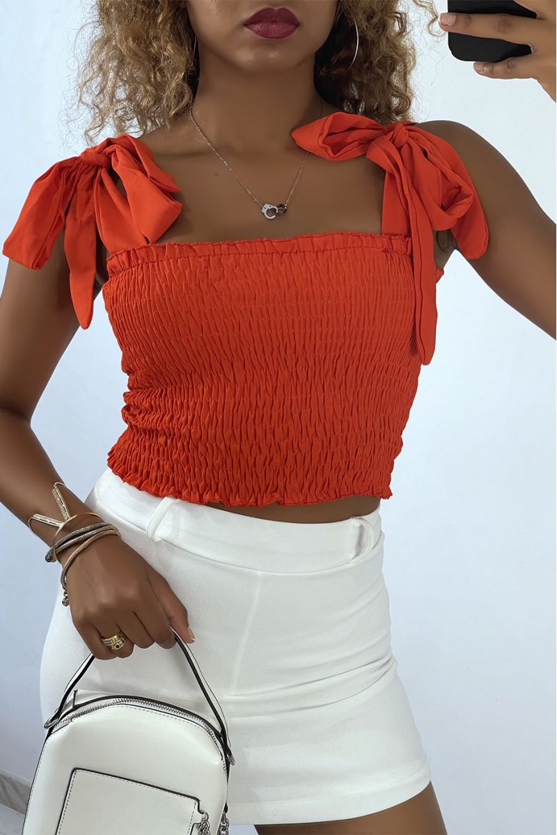 Red ruched bustier crop top with tie strap - 1