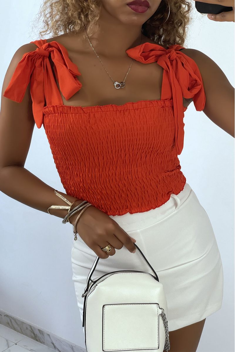 Red ruched bustier crop top with tie strap - 2
