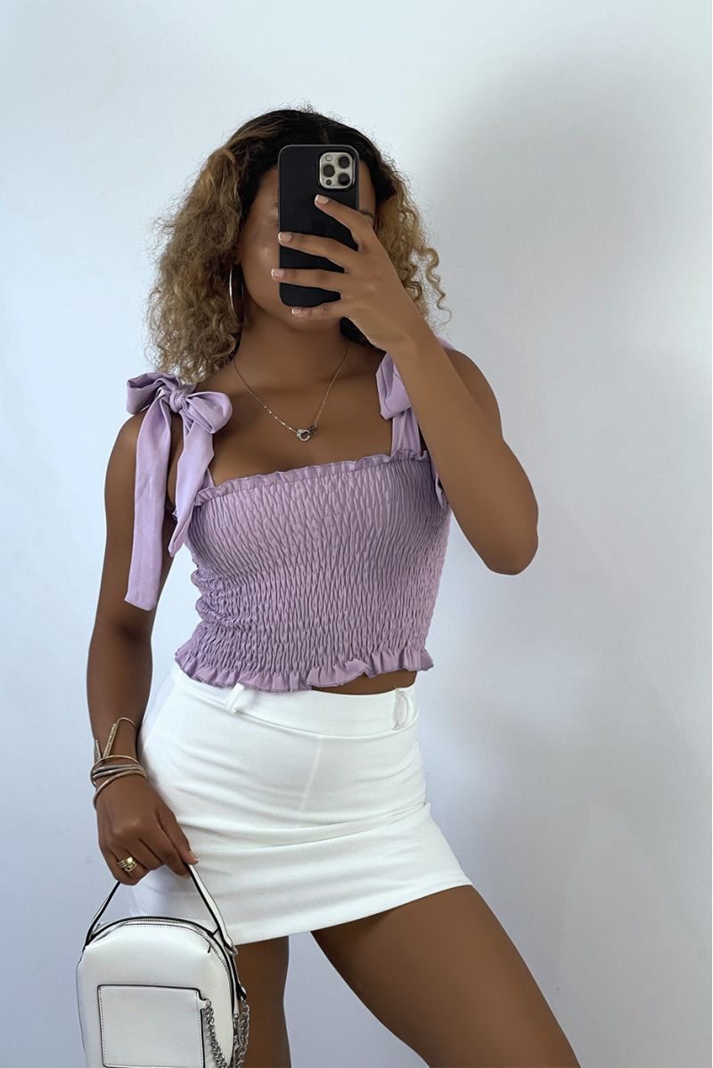 Lilac ruched bustier crop top with tie strap - 1