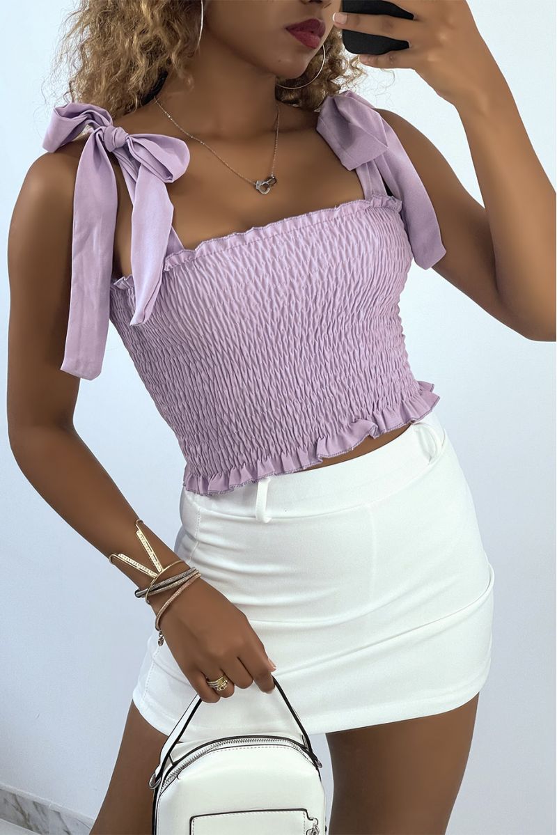 Lilac ruched bustier crop top with tie strap - 2