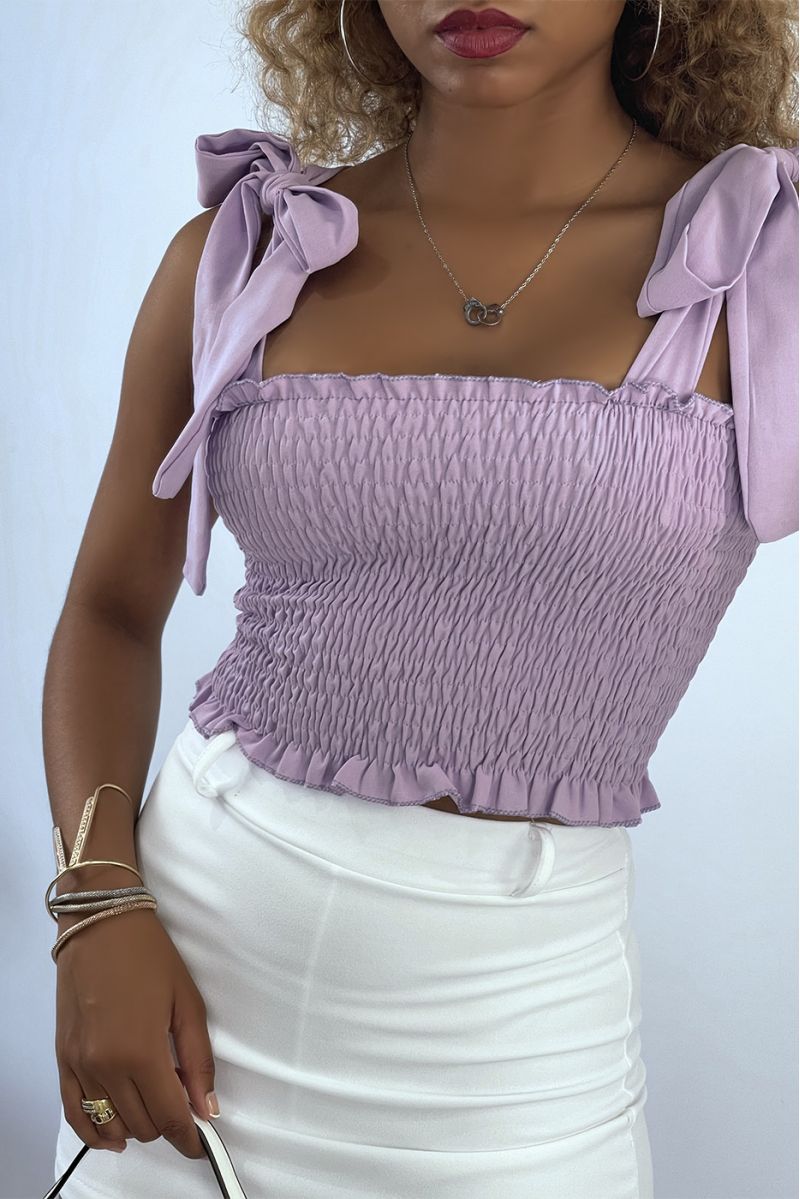 Lilac ruched bustier crop top with tie strap - 3