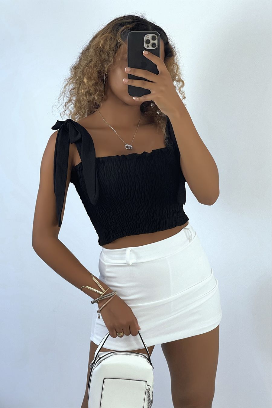 Zwarte gerimpelde bustier crop top met strikband - 1