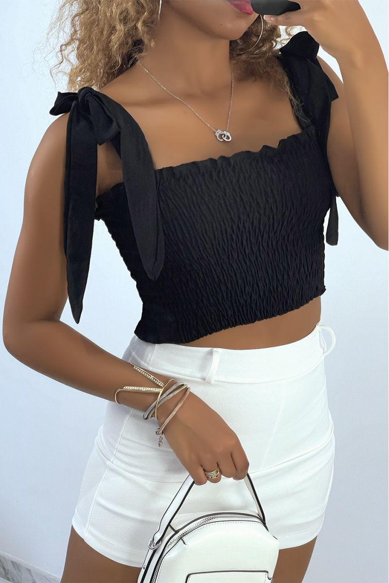 Black ruched bustier crop top with tie strap - 3