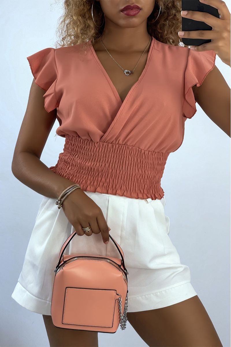 Soepelvallende koraalkleurige crop top met elastische wikkelhalslijn - 2