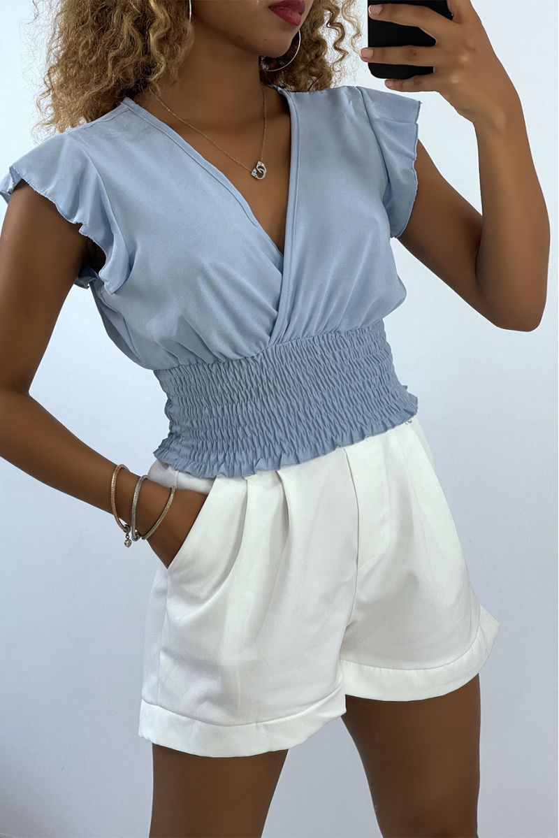 Flowing blue crop top with wrap-over collar and elastic - 1