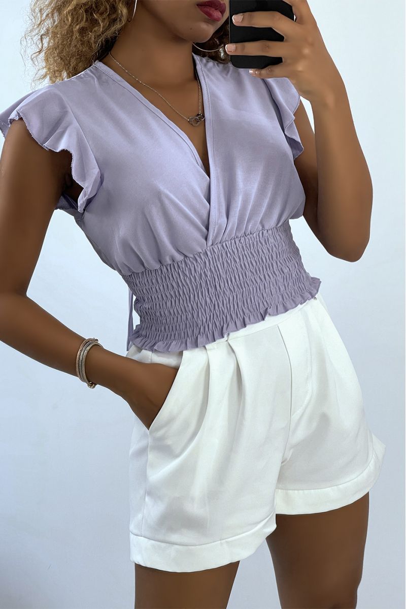 Flowing purple crop top with elastic wrap neckline - 1 Flowing purple crop top with elastic wrap neckline - 1