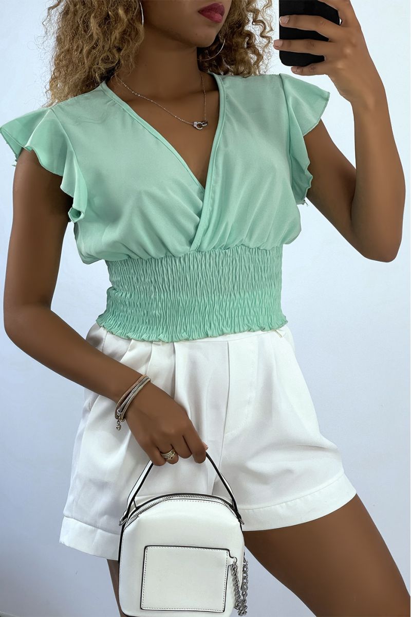 Watergroene soepelvallende crop top met elastische overslaghalslijn - 2