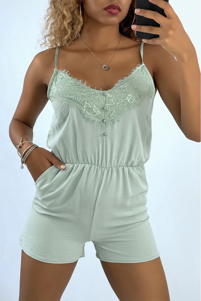 Light water green playsuit with thin straps and lace - 2