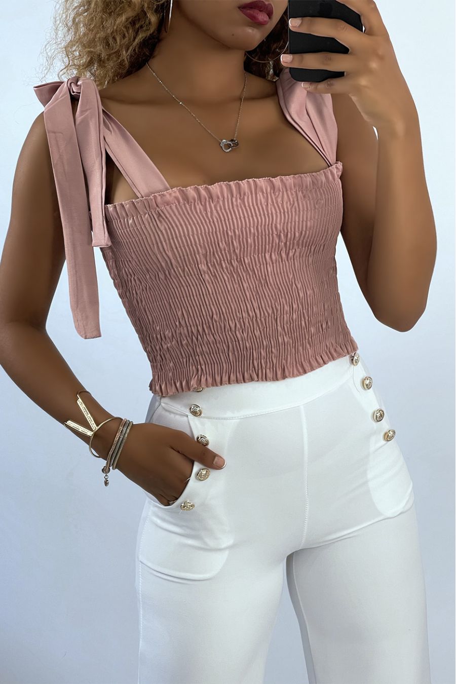 Pink satin bustier crop top with tie strap