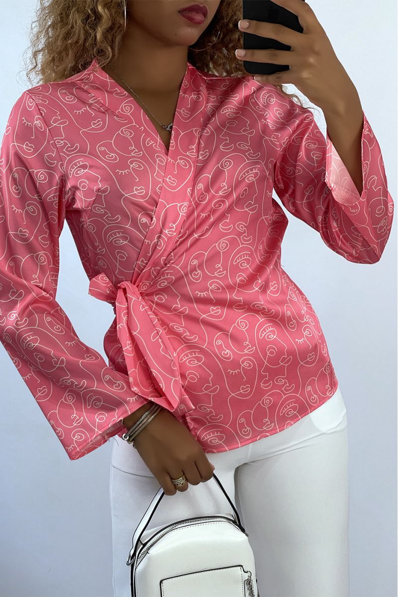 Fuchsia wrap-over shirt with art pattern - 1